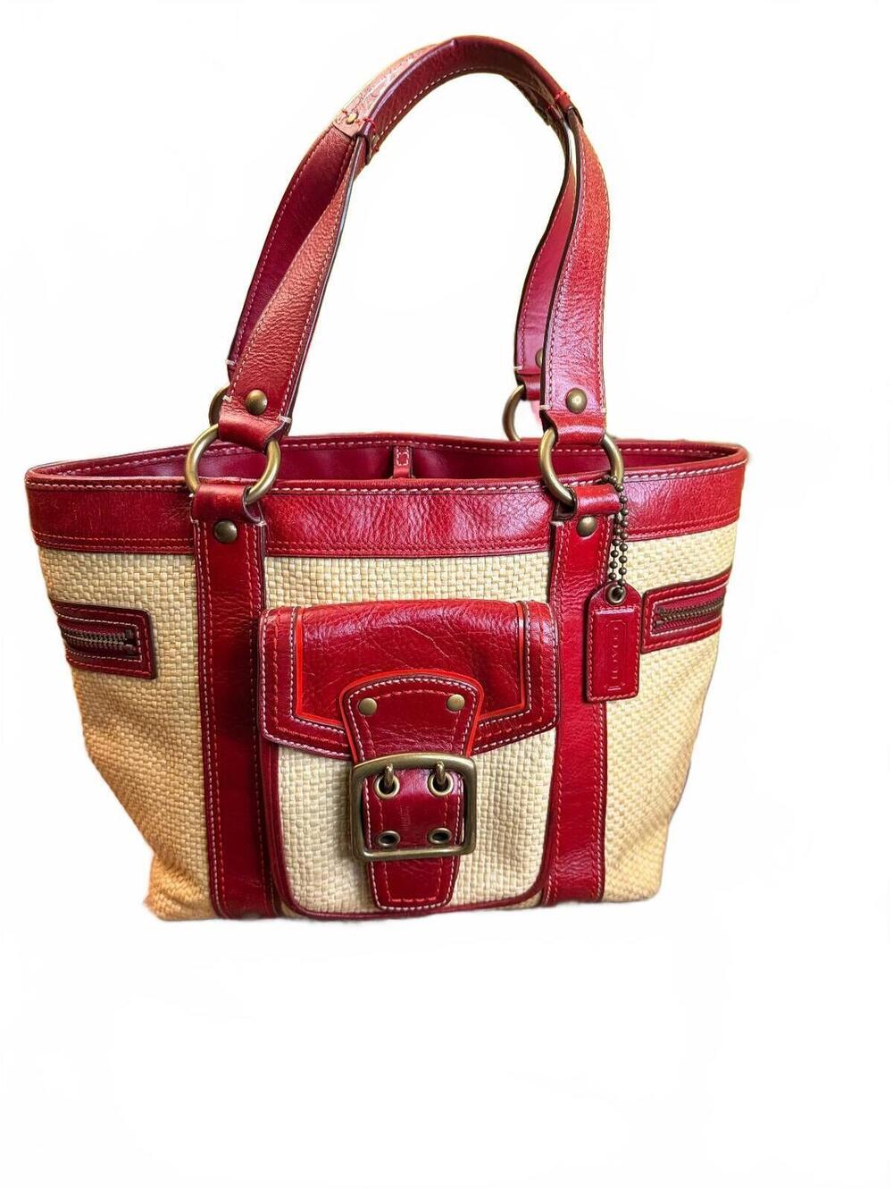 Coach Legacy Straw and Red Leather Buckle Tote (Style No. M05K-113)